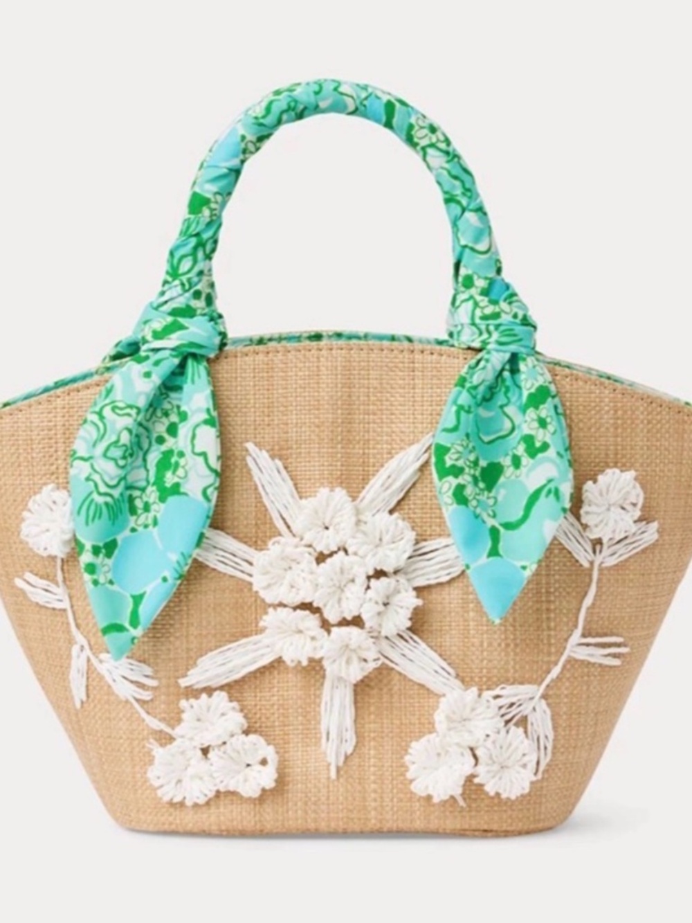 Lilly Pulitzer Natural Straw Tote with Green & Aqua Scarf Handles